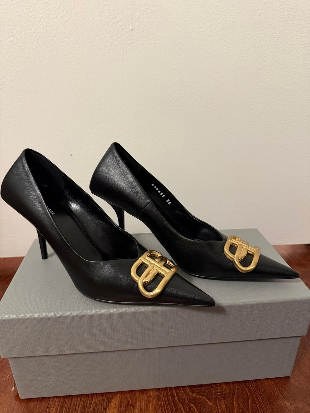 Balenciaga Black Pointed Leather Pumps with Gold BB Accent